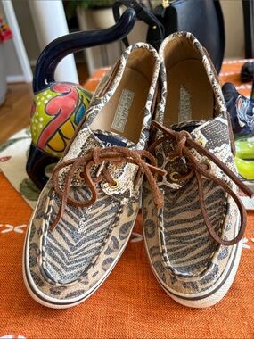 Sperry women’s Brown Animal Print Boat Shoes